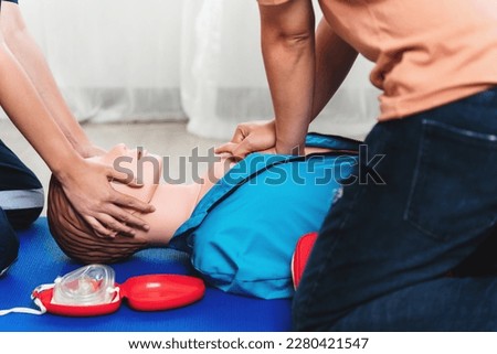 CPR Training ,Emergency and first aid class on cpr doll, Cardiopulmonary resuscitation, One part of the process resuscitation on unconscious person.