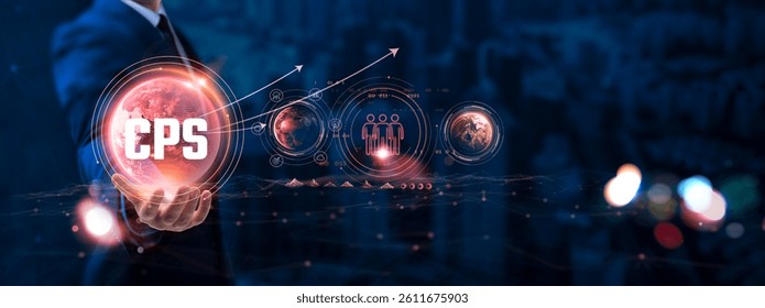 CPS: Businessman hand holding globe with network connecting data of digital technology, cyber-physical systems, real-time data, smart integration, advanced analytics.