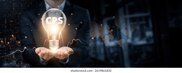CPS: Collaboration, Problem-solving, Sustainability concept. Hands of businessman holding light bulb and CPS icon with data network digital technology. Innovating Solutions for a Connected World.