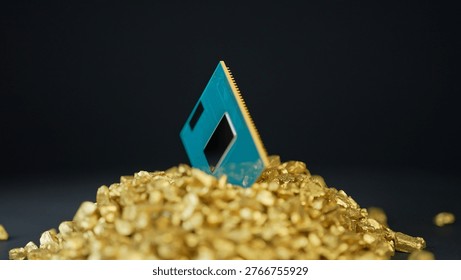 CPU Central Processing Unit of the computer in the pile of gold. Concept of AI boom triggered a massive shortage of CPUs, driving prices high as tech giants hoard components for data centers.