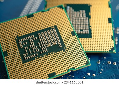 CPU, central processor unit chip Chip on circuit board in PC and laptop computer technology.