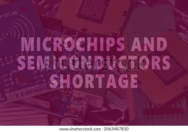 CPU chip and\
semiconductors with car toy. Global car chip shortage. Micro-chip\
shortage creates dearth of new cars. Computer chip shortage stalls\
car industry production