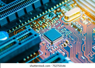 Cpu chipset on printed circuit board (pcb) close up.
