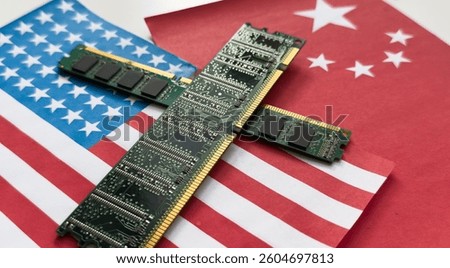 CPU computer (central processing unit) advance technology on Chinese and USA flag. US vs China chip war or tech war, semiconductor industry concept. US restrict and control chip export to China.