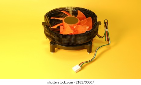 CPU Cooling Fan For Desktop Computer On Yellow Background Isolated