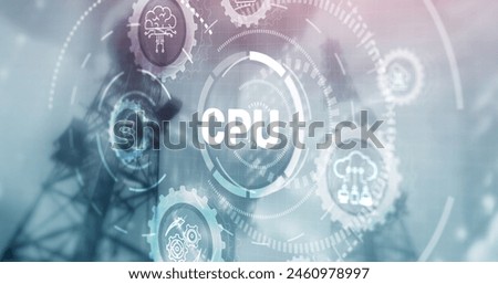 CPU Icon. Digital binary data on microchip with glow circuit board background.