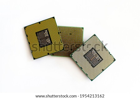 cpu microchip computer gold side on white isolated background