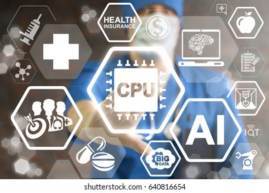 CPU Microchip Health Care Computing IT Integration Modernization Web Concept. Doctor touched microcircuit chip icon on virtual screen. Processor electronic medical future data, ai, robotic technology