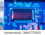 CPU microprocessor silicon chip installed inside motherboard socket next to BIOS components as a conceptual backdrop for hardware level cybersecurity AI technology infrastructure data processing and computing innovation with copy space.