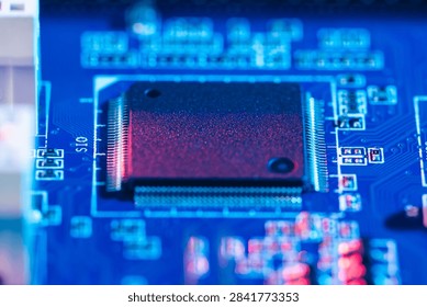 CPU microprocessor silicon chip installed inside motherboard socket next to BIOS components as a conceptual backdrop for hardware level cybersecurity AI technology infrastructure data processing and computing innovation with copy space.