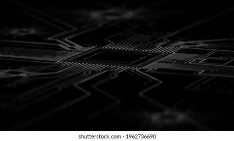 CPU on motherboard, abstract design. PCB, electronic board, background. Futuristic technology background. Electronics, computer processor.