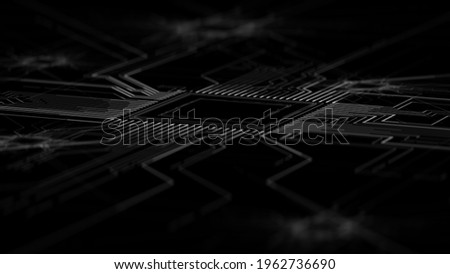 CPU on motherboard, abstract design. PCB, electronic board, background. Futuristic technology background. Electronics, computer processor.