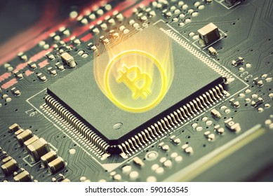 CPU on a printed circuit board with a digital currency symbol. Digital currency is distinct from physical money, it allows for instantaneous transactions and borderless transfer-of-ownership.