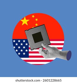 CPU, processing, Flag, USA, China, circuit board, Tariff, Banner, Chinese flag, American flag, Battle, Supply chain, Chip, Computer component, Science, Trade, Competition, Communication, Conflict