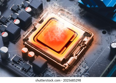 The CPU processor chip overheats and burns in the socket on the computer motherboard