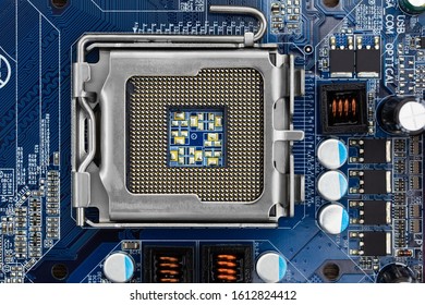 CPU Socket On The Computer Motherboard Top View,closeup