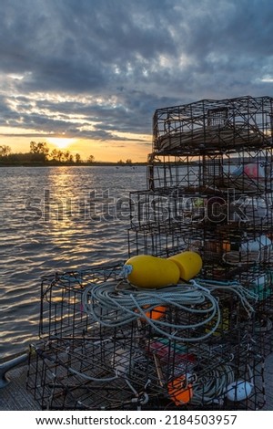 Crab cages on the Everett Marina dock. In background, sunsets over Jetty Island