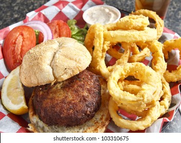 Crab Cake Sandwich With Onion Rings