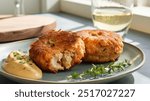 Crab Cakes: Golden, pan-fried crab cakes made with lump crab meat, herbs, and a touch of breadcrumbs, served with a zesty remoulade sauce for dipping.