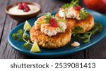 Crab Cakes: Golden patties of fresh crab meat, lightly seasoned, and crispy on the outside, tender inside