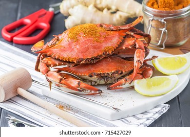 Crab Festival. Steamed Crabs With Spices. Maryland Blue Crabs.