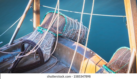 Crab Fishing Basket On A Fishing Boat On A Spring Day In Portugal