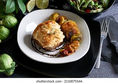 Crab Imperial Stuffed Portabella Mushroom With Side Of Honey Roasted Brussel Sprouts.