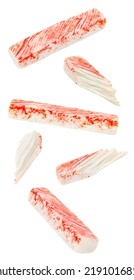 Crab Meat, Snow Crab, Surimi Sticks Pieces Falling, Hanging, Flying, Soaring, Isolated On White Background With Clipping Path.