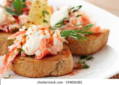 Crab Meat With Toast, Sauce And Fresh Herbs, Close-up