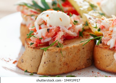 Crab Meat With Toast, Sauce And Fresh Herbs, Close-up