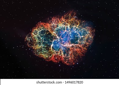 Crab Nebula in constellation Taurus. Supernova Core pulsar neutron star. Elements of this image are furnished by NASA.