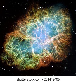 Crab Nebula - part of the constellation Taurus. Its a remnant of a supernova in the year 1054. Its core is a strong pulsar neutron star. Retouched and cleaned version of original image from NASA/STScI