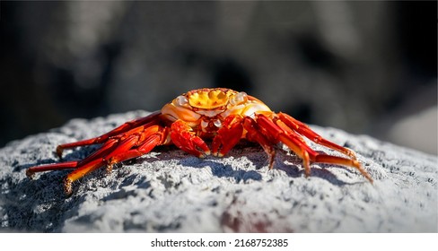 Crab on a rock on the beach. Crab macro view. Crab closeup. Red crab