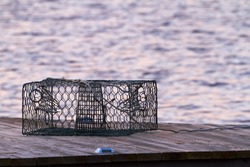 A Crab Pot Sits On A Pier In The Early Morning Light