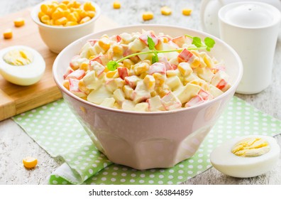 Crab Salad With Corn, Eggs And Mayonnaise On White Table, Selective Focus