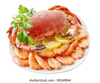 Crab With Shrimp And Parsley On A White Background.