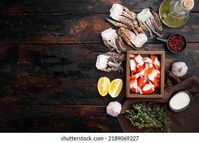 Crab Sticks Seafood Semi Finished Fish Mince With Blue Swimming Crab Set, In Wooden Box, On Dark Wooden Background, Top View Flat Lay , With Copyspace  And Space For Text