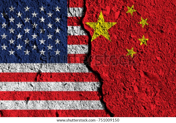 Crack between America and China flags. political\
relationship concept