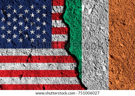 Crack between America and Ireland flags. political relationship concept