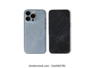 crack screen mobile phone and Smartphone back view glass broken isolated on white background.