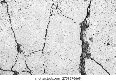 Crack wall texture background broken earthquake effect, whtie grey building cement damage pattern plaster grunge black line paint surface abstract, construction rough street concrete backdrop