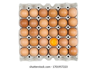 Cracked  Chicken Eggs In Carton Pack, Top View Isolated On White Background And Clipping Path