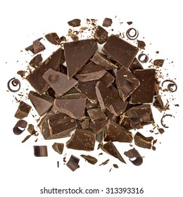 Cracked Chocolate Pile And Curls Top View On White Background