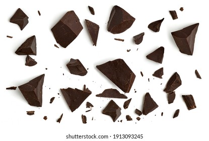 Cracked chocolates or broken chocolate chips or chocolate parts from top view isolated on white background - Shutterstock ID 1913093245