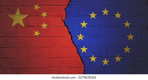 Cracked cinder block wall painted with an Chinese flag on the left and a European Union flag on the right. - Shutterstock ID 2279878181