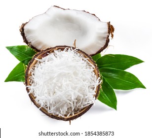 Cracked Coconut Fruit With White Flesh And Shredded Coconut Flakes Isolated On White Background.