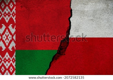 cracked concrete wall with flag of Belarus and Poland texture - concept for relations between countries, migrants Border Crisis, agreement, conflict, political tension