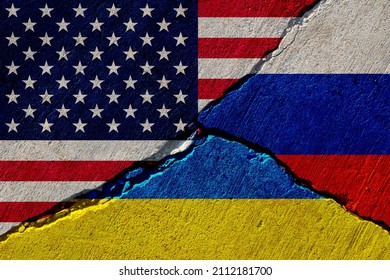 cracked concrete wall with painted united states, russia and ukraine flags