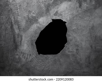 Cracked And Damaged Cement Wall. Broken Concrete Background. Hole In The Ceiling.