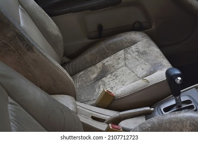 Cracked And Damaged Leather Car Seat, Close Up Of Dirty Upholstery Old Car Interior.